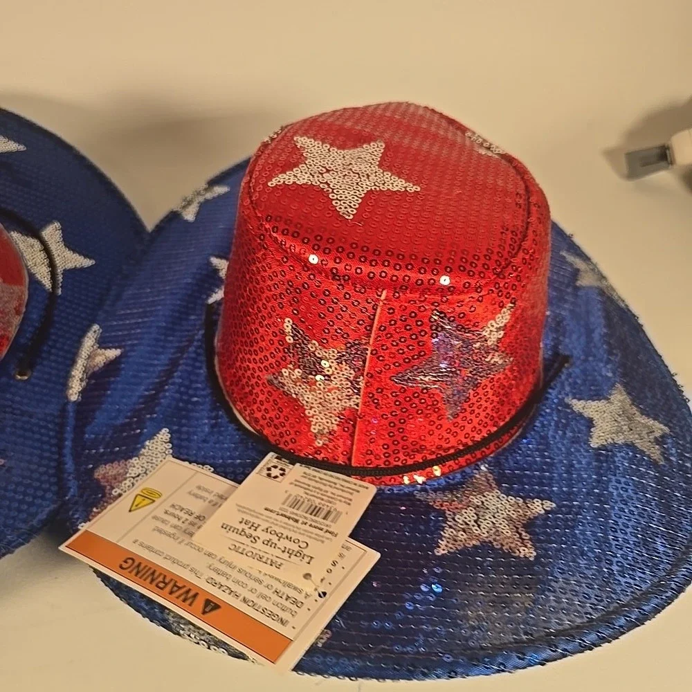 Way to Celebrate 2 Unisex‎ Light Up Sequins Red White Blue Cowboy Hats Team USA